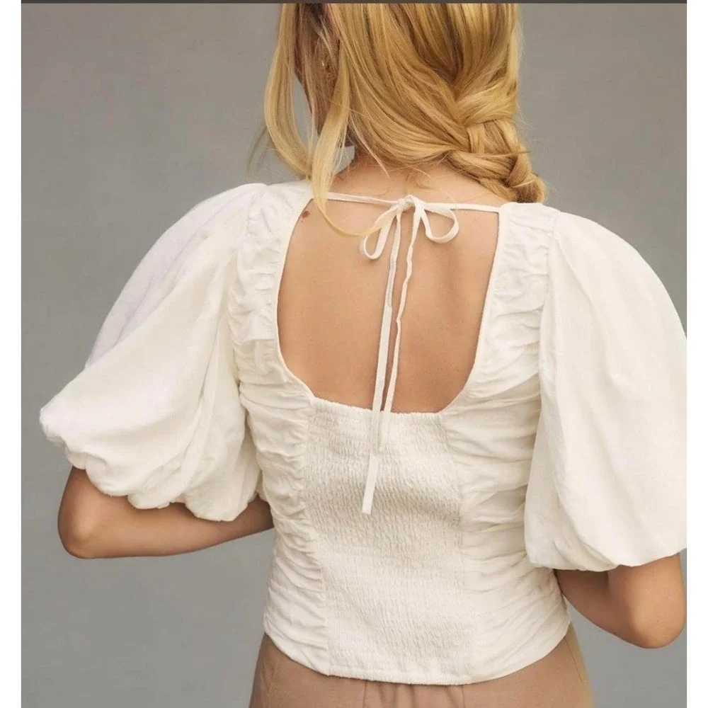 Anthropologie Pilcro XS‎ White Ruched Puff Sleeve V-Neck Smocked Blouse Top